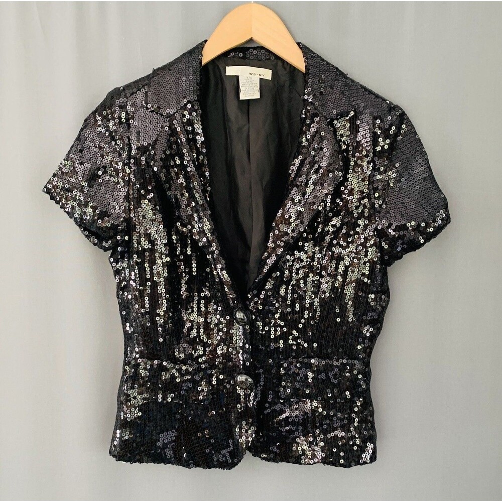 Vtg 80s Silk Sequin Cropped Blazer Jacket Sz 6 Black Short Sleeve Sparkly Formal